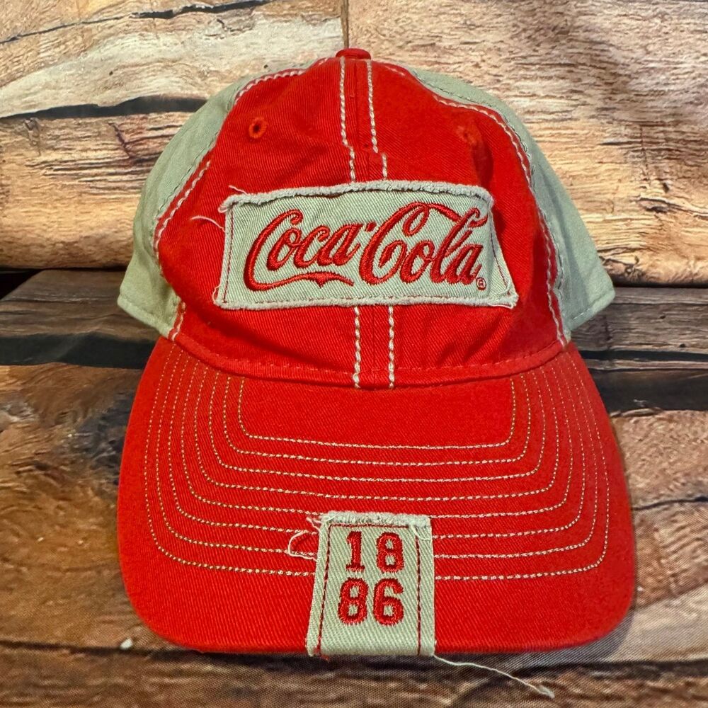 Coca-Cola Hat Men's Adjustable Red Khaki Two-Tone 1886 Embroidered Patch Cap